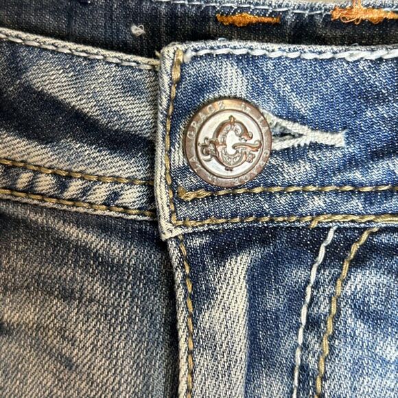Grace In LA Blue Faded Denim Floral Embroidery Low-Rose Fray Hem Shorts Size 27 - Picture 6 of 16